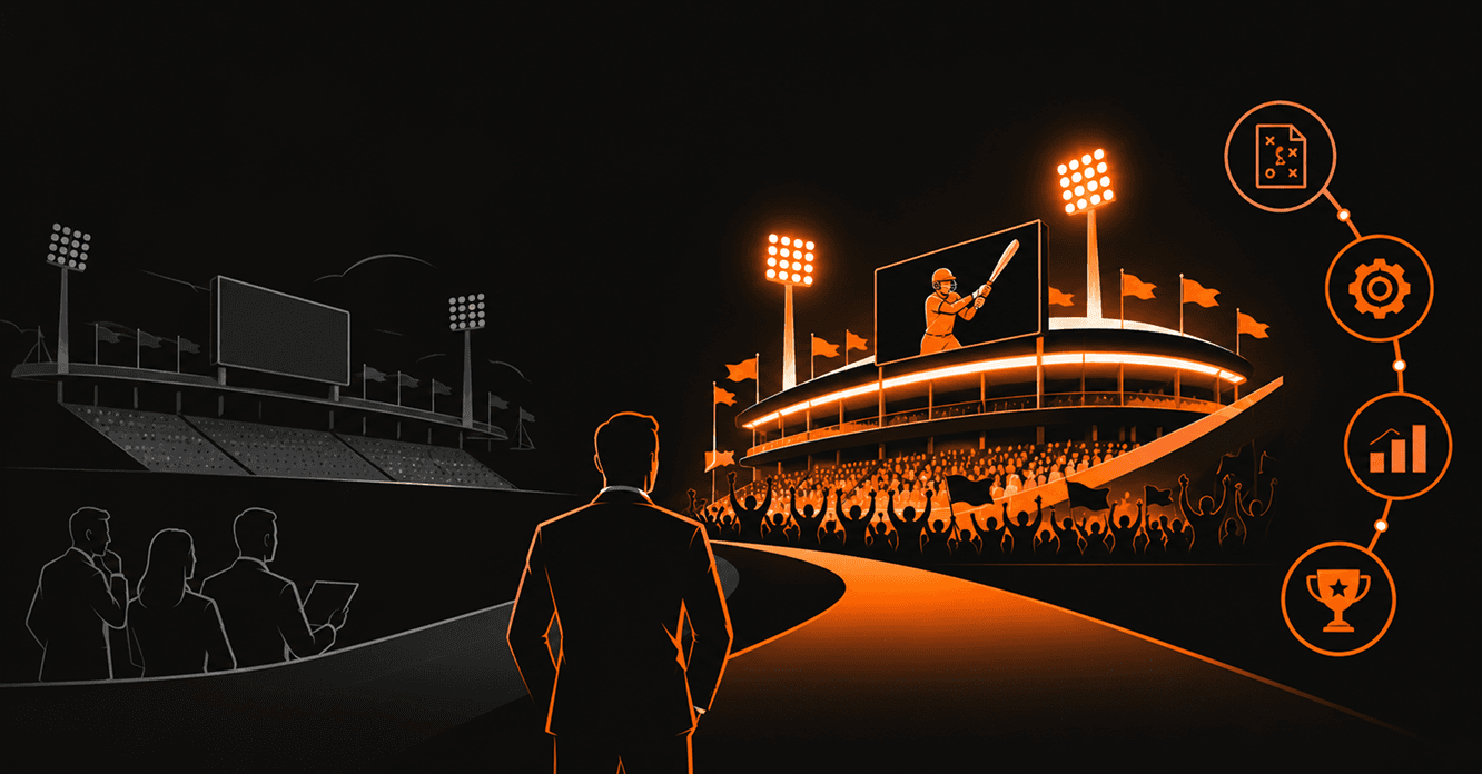 A packed, floodlit stadium drawn in outline, a league official looking out over it, and the playbook running off to one side: the paperwork, the engine, the business, the trophy.